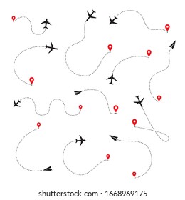 Ruta de acceso de la línea aérea de la ruta de vuelo del avión y punto de inicio. Icono vectorial e Ilustración.