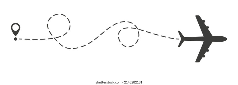 Airplane line path. Air plane flight route with start point and dotted line trace. Travel concept. Vector illustration isolated on white background.