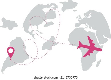 Airplane line path. Air plane flight route with start point. Flat vector illustration isolated on white background.