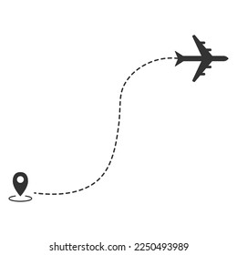 Airplane line path of air plane flight route with start point and dash line trace. Vector illustration