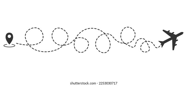 Airplane line path of air plane flight route with start point and dash line trace. Vector illustration
