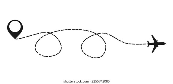 Airplane line path. Air plane flight route with start point and dotted line trace