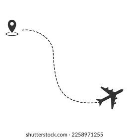 Airplane line path of air plane flight route with start point and dash line trace. Vector illustration