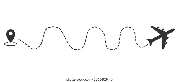 Airplane line path of air plane flight route with start point and dash line trace. Vector illustration
