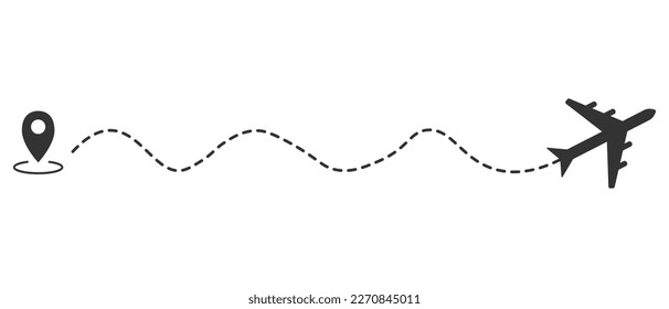 Airplane line path of air plane flight route with start point and dash line trace. Vector illustration