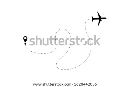 Airplane line path of air plane flight route with start point and dash line trace. Tourism and travel. The waypoint is for a tourist trip on a white background. Vector icon 