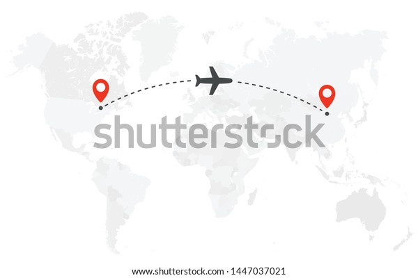 Airplane line path. Air plane flight route\
with start point and dash line trace.Plane icon over world map.\
Vector concept\
illustration.
