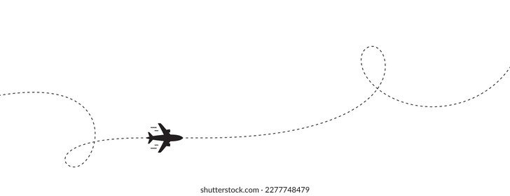 Airplane line path background. Air plane icon with flight route. Travel dash route line, trip flight path. Plane place location, airplane tracker. Dashed line with curl or loop. Vector - Shutterstock ID 2277748479