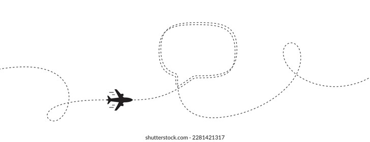 Airplane line path background. Air plane icon with flight route. Travel dash route line, trip flight path. Plane place location, airplane tracker. Dashed line with speech bubble. Vector