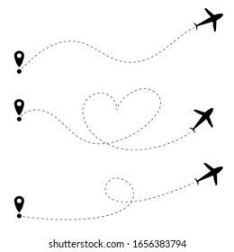 Airplane line path collection isolated on a white background. Heart airplane line path.