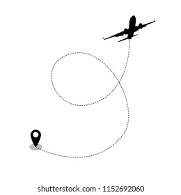 Airplane line path of airplane flight route from start point and dash line trace