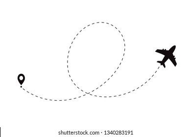 Airplane line path icon of air plane flight route with start point and dash line trac. Vector illustration