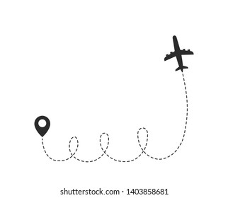 Airplane line path icon of air plane flight route with start point and dash line trace. Modern vector illustration.