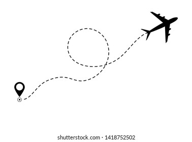 Airplane line path  icon of air plane flight route. Airplane travel concept, symbol  on isolated background. Flat  black airplane flying and leave a black dashed trace line. vector eps10