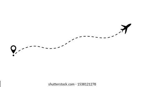 Airplane line path icon of air plane flight route with start point and dash line trace. Flight route vector illustration