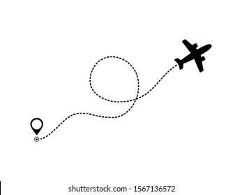 Airplane line path icon of air plane flight route. Airplane travel concept, symbol isolated  on white background. Flat black airplane flying and leave a black dashed trace line. Vector. EPS10