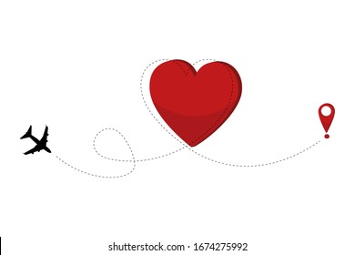 Airplane line path icon of air plane flight route. Airplane travel concept. Love travel route with red heart in flat style. 