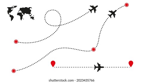 Airplane Line Path Icon. Air Plane Flight Route. Start And Finish Points And Dash Line Trace. Flat Vector Illustration Isolated On White Background.