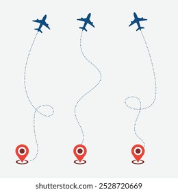Airplane line path icon. Air plane flight route with line trace. Dashed route travel concept. Plane flight way wallpaper isolated on white background. Aviation track symbol.