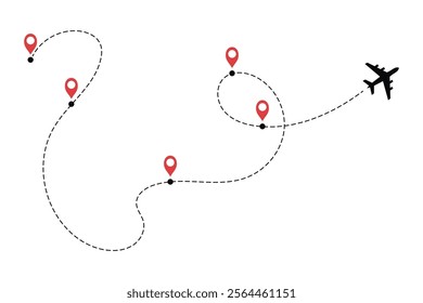 Airplane line path icon of air plane flight route dashed line trace with red start point silhouette. Airline route with many location checkpoints