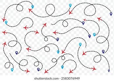 Airplane line path icon of air plane flight route. Airplane travel concept, symbol isolated on white background. Flat black airplane flying and leave a black dashed trace line. Vector. Eps 10.