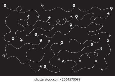 Airplane line path icon of air plane flight route with start point and dash dotted line trace. Love travel route. Airplane routes. Travel icon.