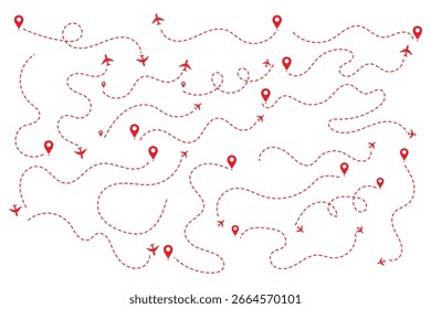 Airplane line path icon of air plane flight route with start point and dash dotted line trace. Love travel route. Airplane routes. Travel icon.