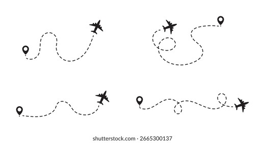 Airplane line path icon of air plane flight route dash line trace with start point. Simple airplane travel line path with map pins. Plane routes dotted paths . eps 10