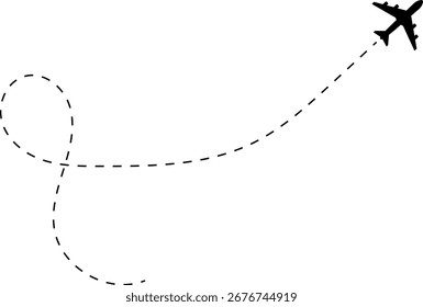 Airplane line path icon of air plane flight route with start point and dash dotted line trace. Love travel route. Airplane routes. Travel icon.