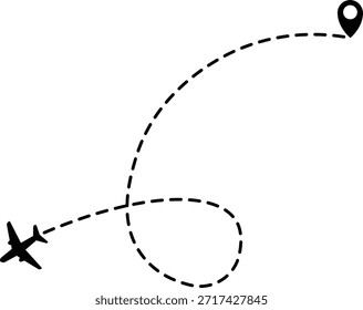 Symbol für Fluglinienpfad des Fluglinienflugs mit Startpunkt. Flugbahn mit Zielstift. Flugbahn mit Kartennadeln Transparenter Stift und Vektorgrafik