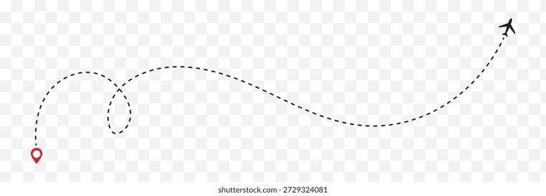 Airplane line path icon of air plane flight route with start point and dash line trace. Vector, EPS 10.