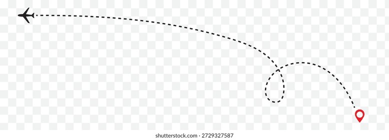 Symbol für Fluglinienpfad des Fluglinienflugs mit Startpunkt. Flugbahn mit Zielstift. Fluglinienweg mit Kartennadeln Transparenter PNG und Vektor, EPS 10.