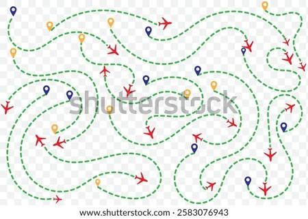 Airplane line path icon of air plane flight route. Airplane travel concept, symbol isolated on white background. Flat black airplane flying and leave a black dashed trace line. Vector. Eps 10.