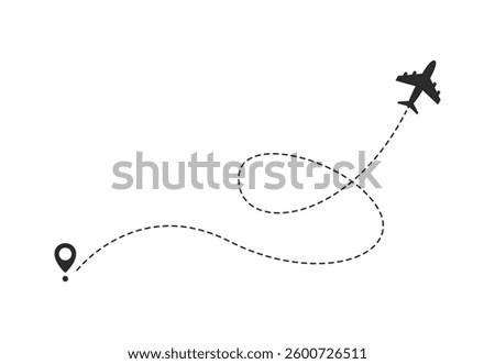 Airplane line path icon. Air plane flight route with start and end point with dash route line trace. travel concept. Plane flight way wallpaper isolated on white background. Vector illustration. 