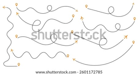 Airplane line path icon. Air plane flight route with line trace vector illustration. Dashed route travel concept. Plane flight way wallpaper isolated on white background. Aviation track symbol.
