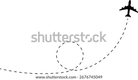 Airplane line path icon of air plane flight route with start point and dash dotted line trace. Love travel route. Airplane routes. Travel icon.