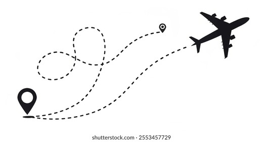 Airplane line path icon black. Air plane flight route with line trace vector illustration. Dashed route travel concept. Plane flight way wallpaper Aviation track symbol  isolated on white background.