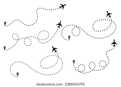 Airplane line path icon, Airplane dashed line path, airplane path to location, Flight tourism route path vector.