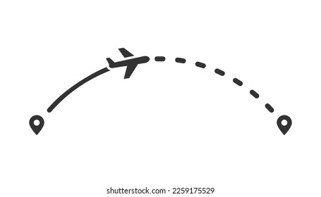 Airplane line path icon on light background. Infographic. Flight, point of destination symbol. Tourism, plane route, map, direction signs. Outline, flat, and colored style. Flat design. 