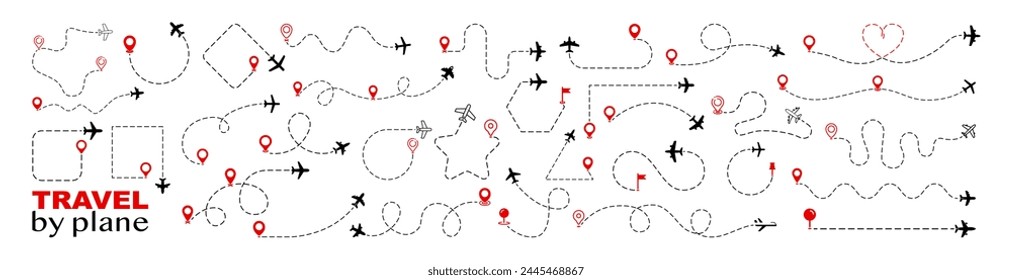 Airplane line path icon. Plane paths. Aircraft tracking, planes, travel, map pins, location pins