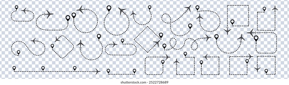 Icono de ruta de línea de avión. Caminos planos. Rastreo de aeronaves, aviones, viajes, pines de mapas, vuelo de aviones, línea punteada a la colección de destino. Conjunto de Vector de ruta de vuelo de avión.