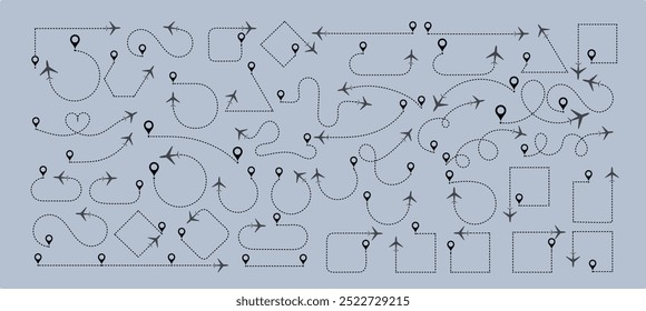 Icono de ruta de línea de avión. Caminos planos. Rastreo de aeronaves, aviones, viajes, pines de mapas, vuelo de aviones, línea punteada a la colección de destino. Conjunto de Vector de ruta de vuelo de avión.