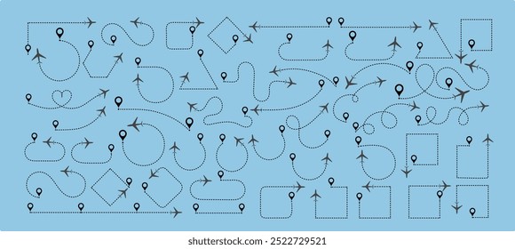 Ícone do caminho da linha do avião. Caminhos planos. Rastreamento de aeronaves, aviões, viagens, pinos de mapa, Avião voando linha pontilhada para a coleção de destino. Conjunto de vetores da trajetória de voo do avião.