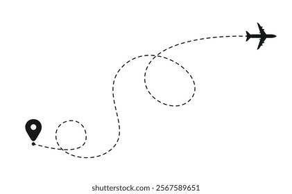 Airplane line path icon. Airplane routes. Travel. Air plane flight route with line trace vector illustration. 