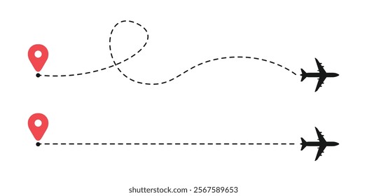 Airplane line path icon. Airplane routes. Travel. Air plane flight route with line trace vector illustration. 