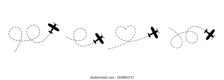 Conjunto de iconos de ruta de la línea del avión. Ilustración vectorial de la ruta de vuelo del avión con trazos de línea aislados en fondo blanco