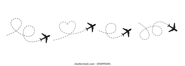 Airplane line path icon set. Vector illustration of air plane flight route with line trace isolated on white background
