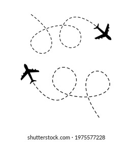 Airplane line path icon set. Vector illustration of air plane flight route with line trace. Travel concept. Isolated on white background