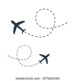 Airplane line path icon set. Vector illustration of air plane flight route with line trace. Travel concept. Isolated on white background