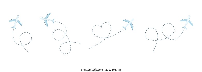 Conjunto de iconos de ruta de la línea del avión. Ruta de vuelo del avión con trazos de línea. Ilustración del vector aislada en fondo blanco